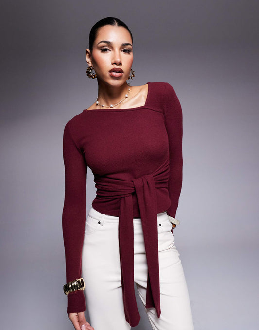 Brushed Asymmetric Neck Long Sleeve Top With Tie Waist Detail