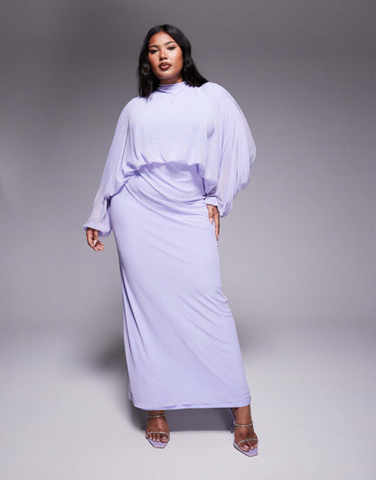 Curve Mesh Draped Blouson Long Sleeve Maxi Dress With Ruched Skirt