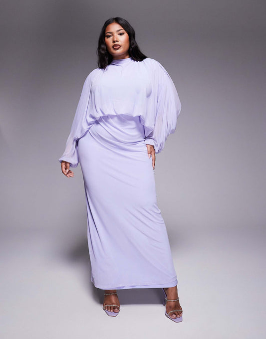 Curve Mesh Draped Blouson Long Sleeve Maxi Dress With Ruched Skirt