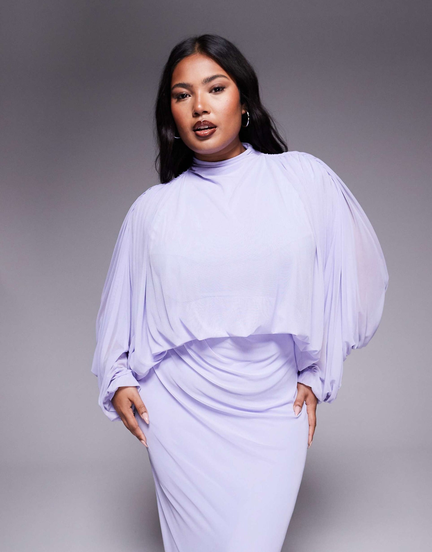 Curve Mesh Draped Blouson Long Sleeve Maxi Dress With Ruched Skirt