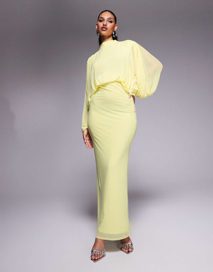 Mesh Draped Blouson Long Sleeve Maxi Dress With Ruched Skirt