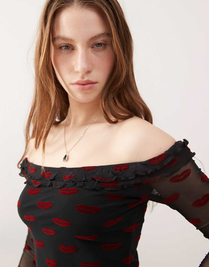 Nihal Flocked Lips Print Bardot Top