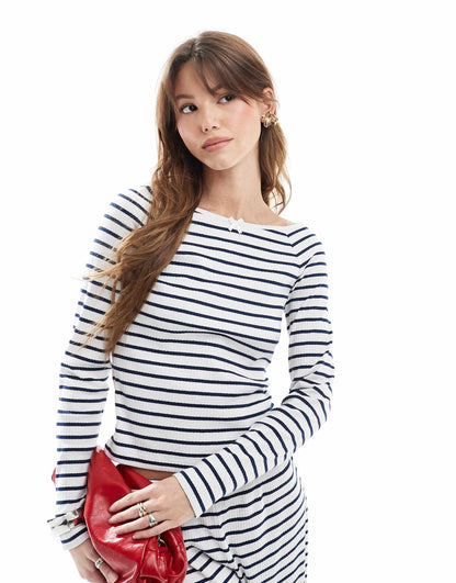 Slash Neck Navy Striped Long Sleeve Top Co Ord