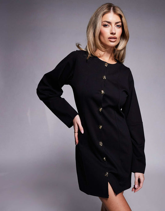 Dome Sleeve Gold Button Mini Dress