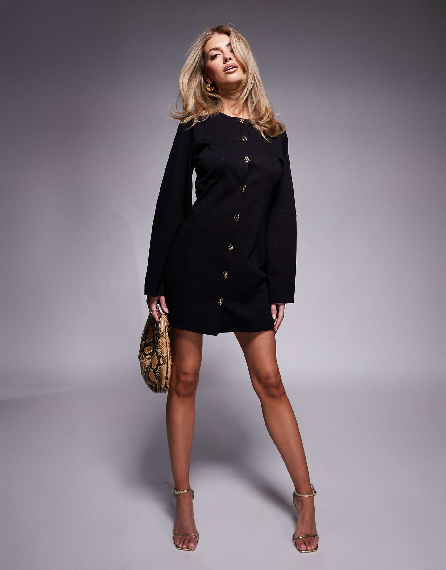 Dome Sleeve Gold Button Mini Dress