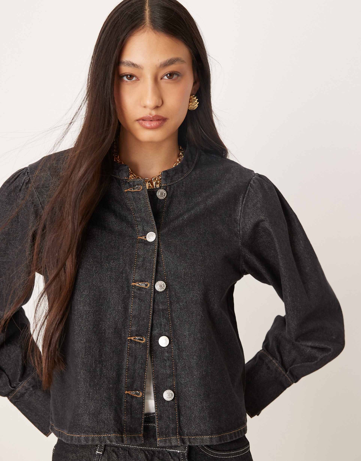 Cropped Denim Top With Blouson Sleeve