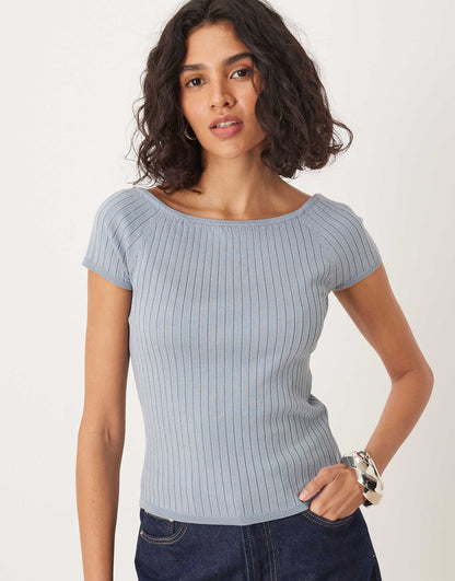 Ribbed Knit Off Shoulder Capped Sleeve Top