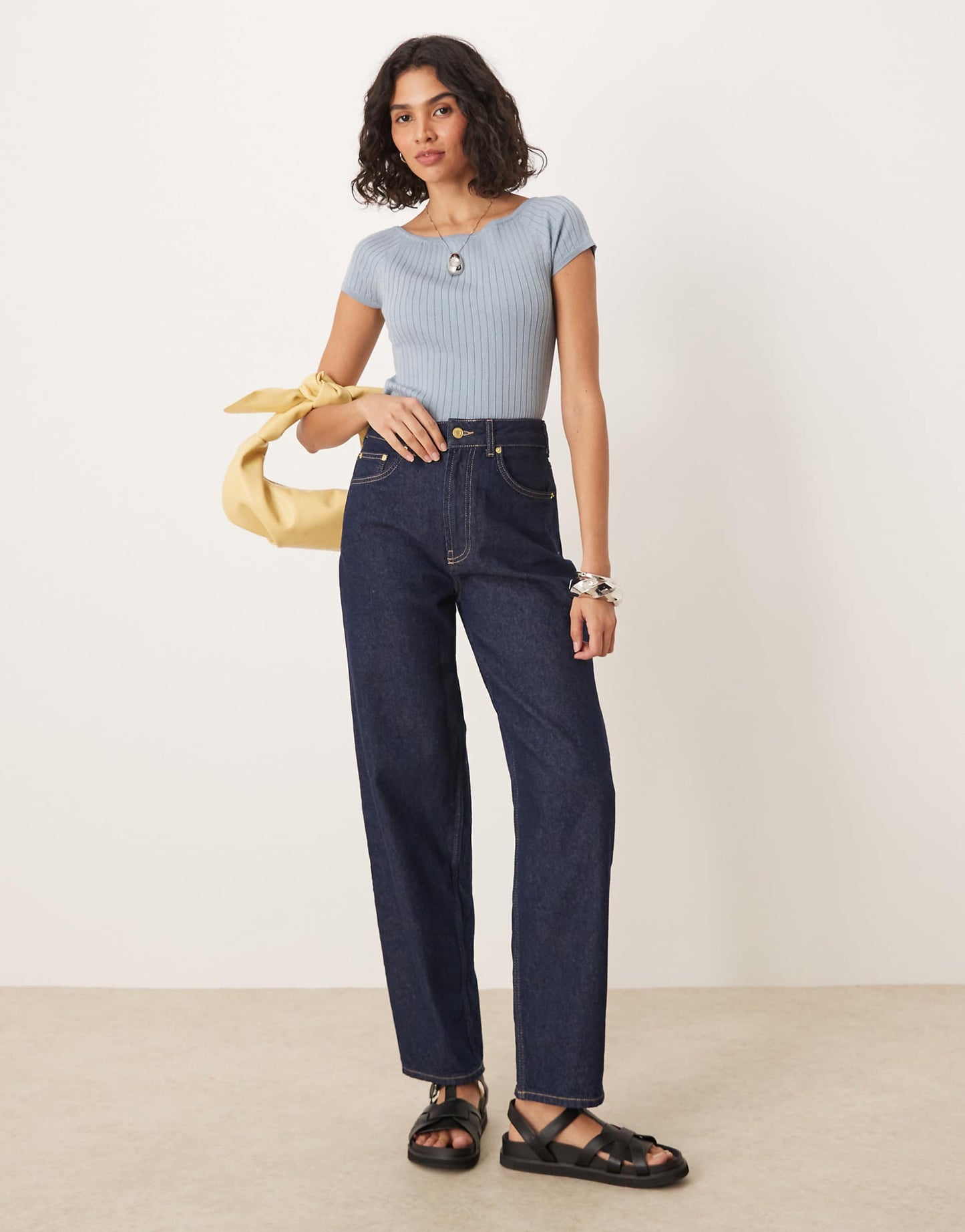 Ribbed Knit Off Shoulder Capped Sleeve Top