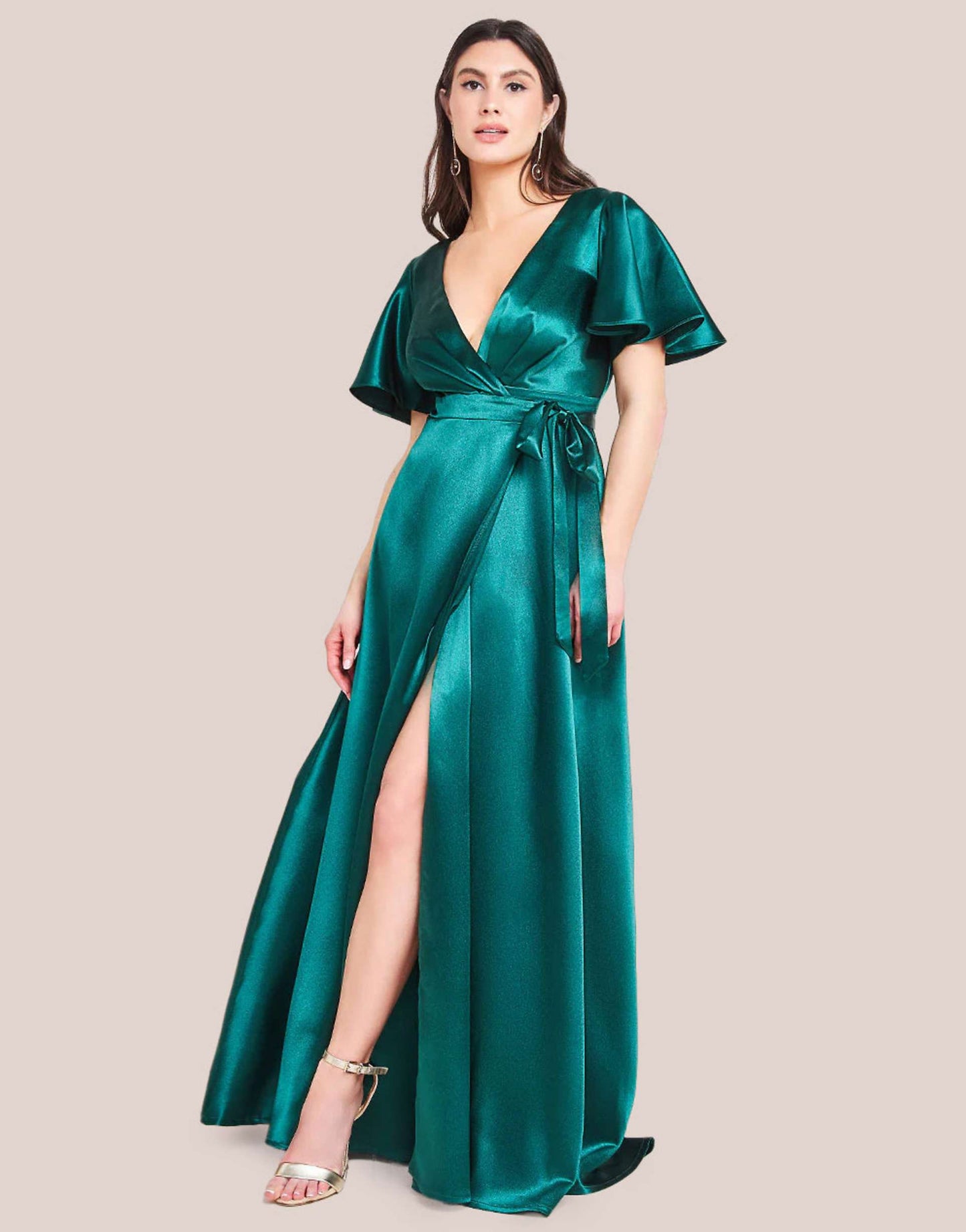 Flutter Sleeve Wrapover Satin Maxi Dress
