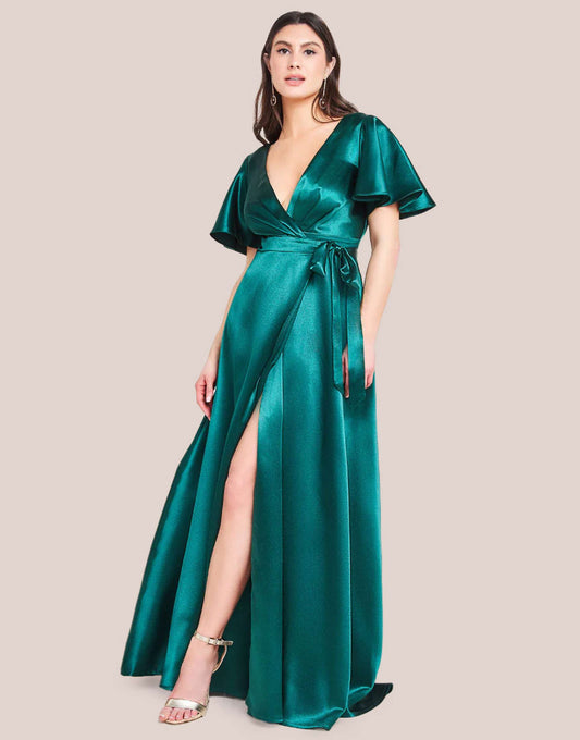 Flutter Sleeve Wrapover Satin Maxi Dress
