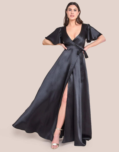 Flutter Sleeve Wrapover Satin Maxi Dress