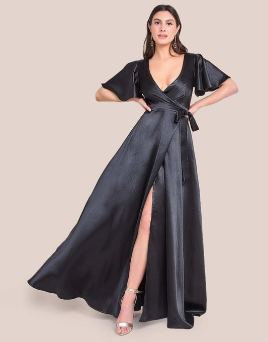 Flutter Sleeve Wrapover Satin Maxi Dress
