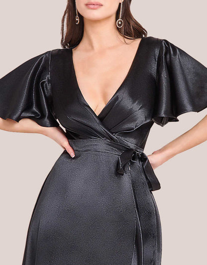 Flutter Sleeve Wrapover Satin Maxi Dress