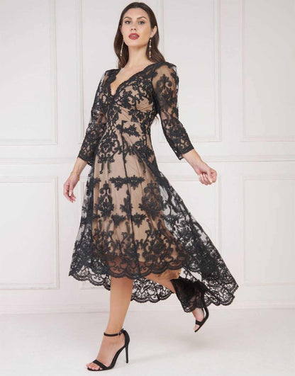 Scalloped Lace Dipped Hem Midi Dress