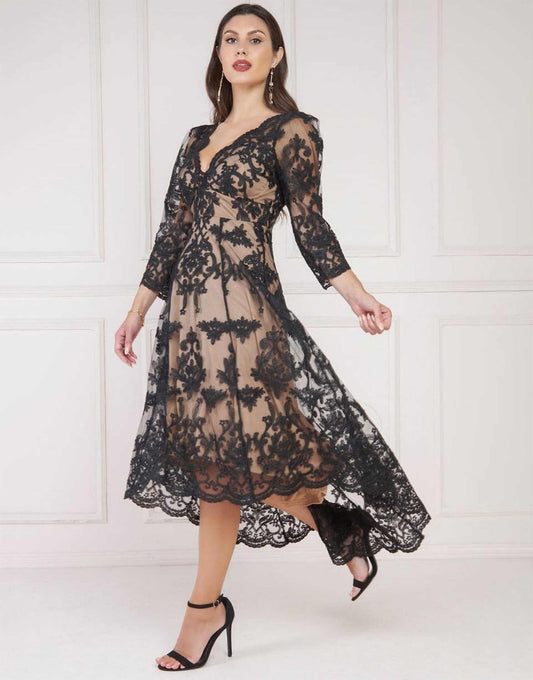 Scalloped Lace Dipped Hem Midi Dress