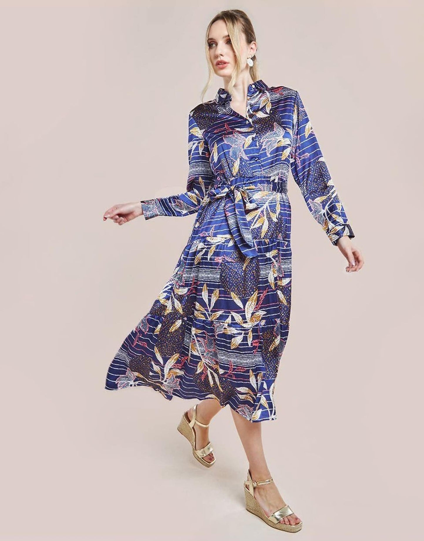 Printed Tiered Shirt Midi Dress