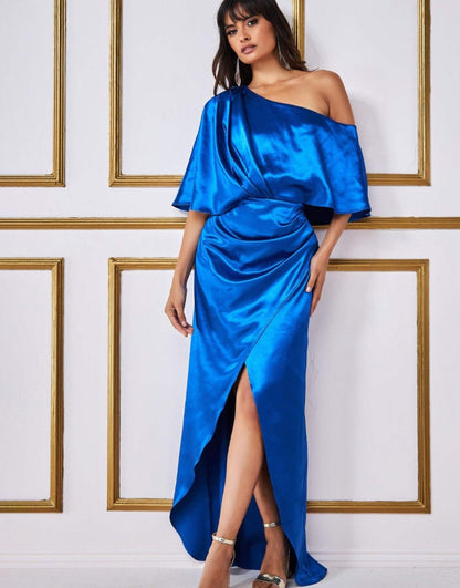 Satin Drape Shoulder Wrap Maxi Dress