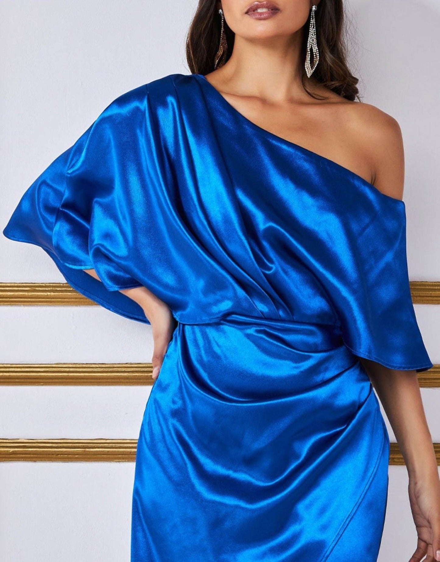 Satin Drape Shoulder Wrap Maxi Dress