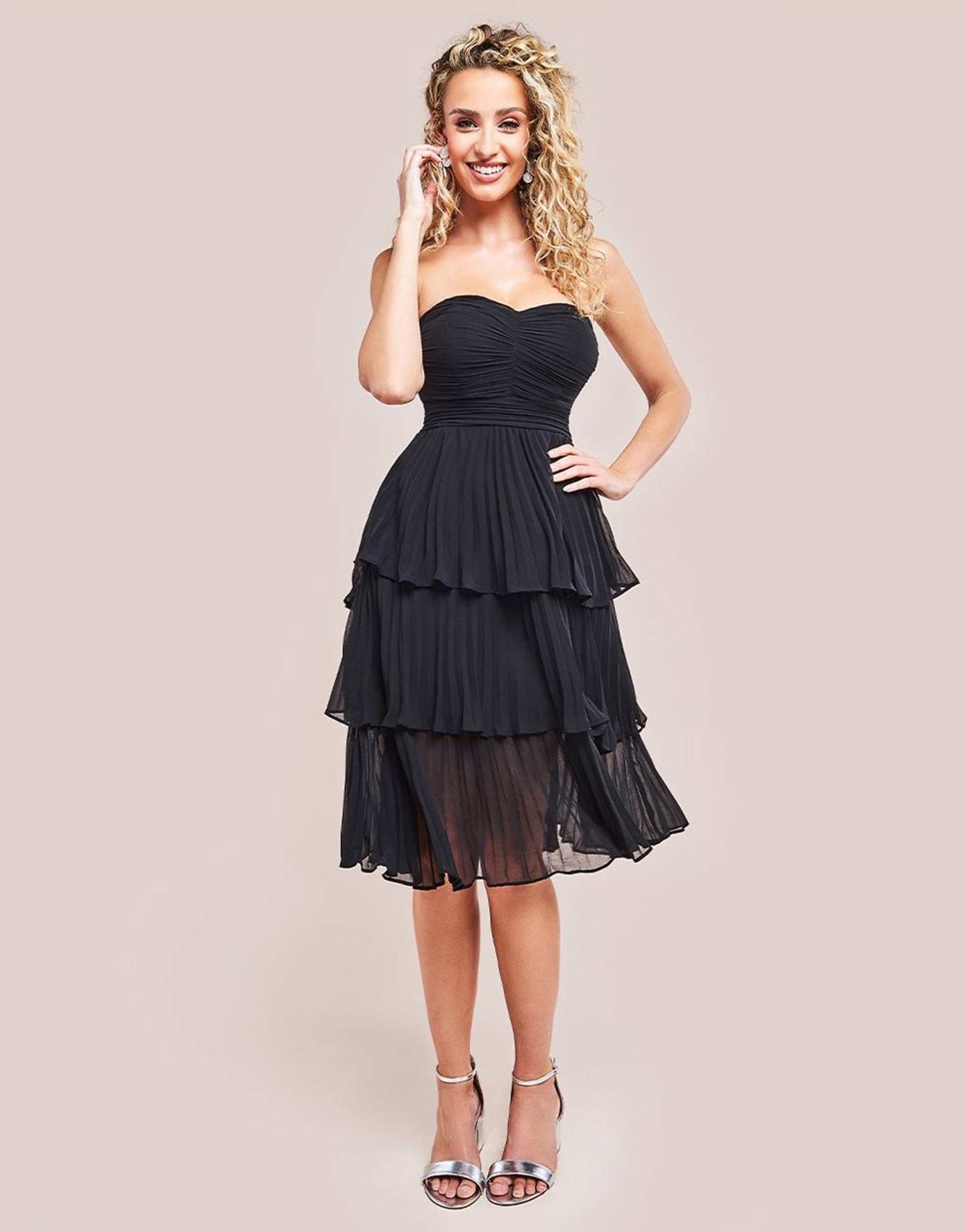 Pleated Bandeau Bodice Chiffon Tiered Midi