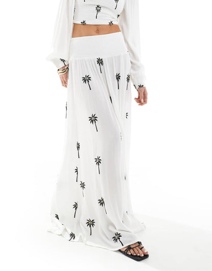 Embroidered Shirred Waist Maxi Skirt