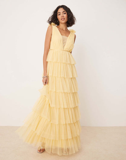 Plunge Front Tiered Maxi Dress