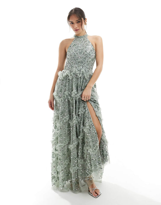 Fully Embellished Halter Neck Maxi Dress