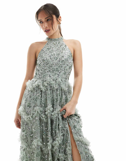 Fully Embellished Halter Neck Maxi Dress