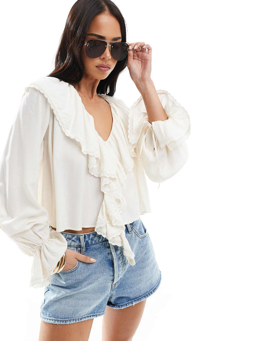 Cuffed Sleeve Frill Detail Top