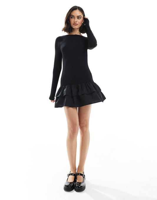 High Neck Poplin Ruffle Hem Mini Dress