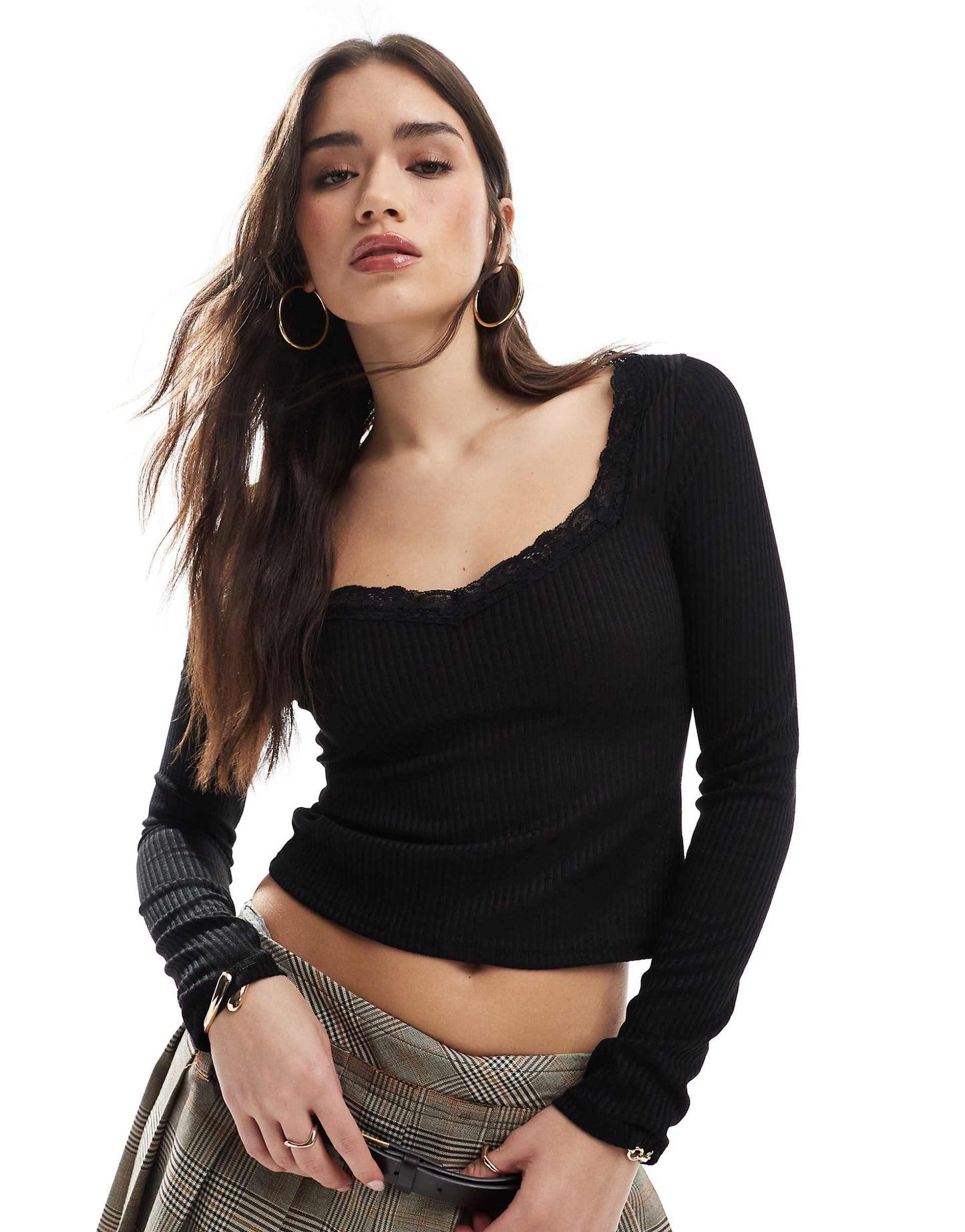 Lace Trim Ribbed Long Sleeve Top