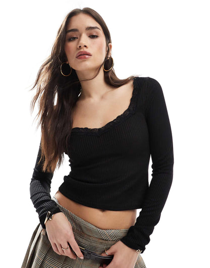 Lace Trim Ribbed Long Sleeve Top