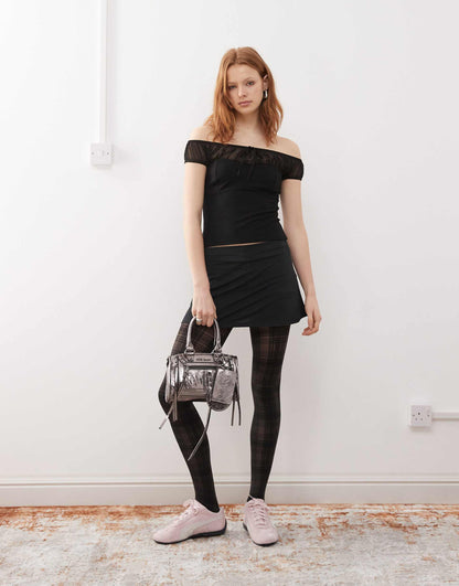 Off Shoulder Mesh Trim Corset Style Top