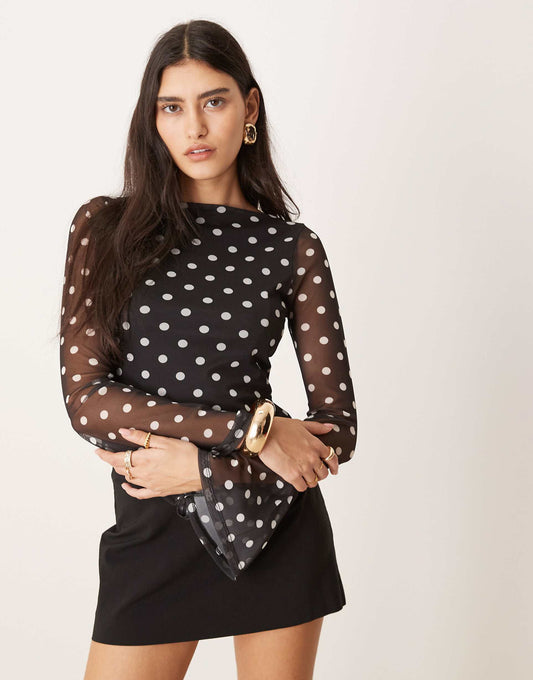 Polka Dot Printed Mesh Angel Sleeve Top With Open Tie Back
