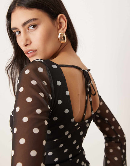 Polka Dot Printed Mesh Angel Sleeve Top With Open Tie Back