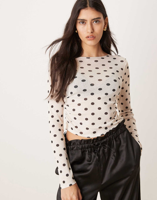 Fitted Polka Dot Mesh Long Sleeve Top