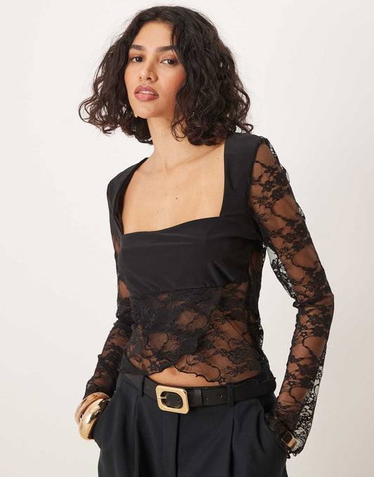 Square Neck Flared Sleeve Layered Lace Top