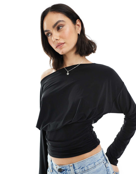 Slinky Asymmetric One Shoulder Long Sleeve Top With Cinch Waist Detail