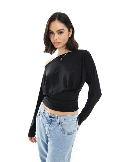 Slinky Asymmetric One Shoulder Long Sleeve Top With Cinch Waist Detail