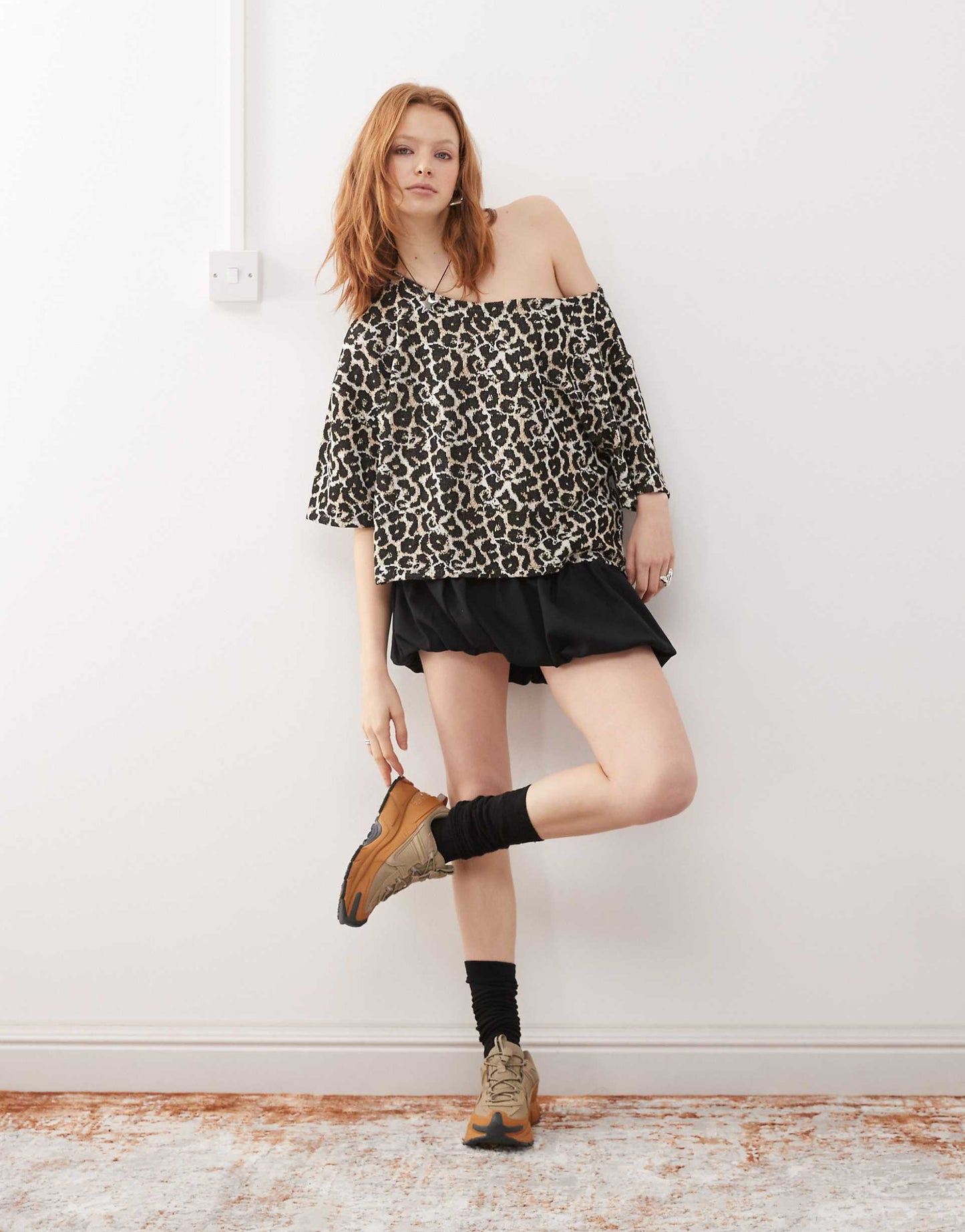 Off Shoulder Short Sleeve Jacquard T-Shirt