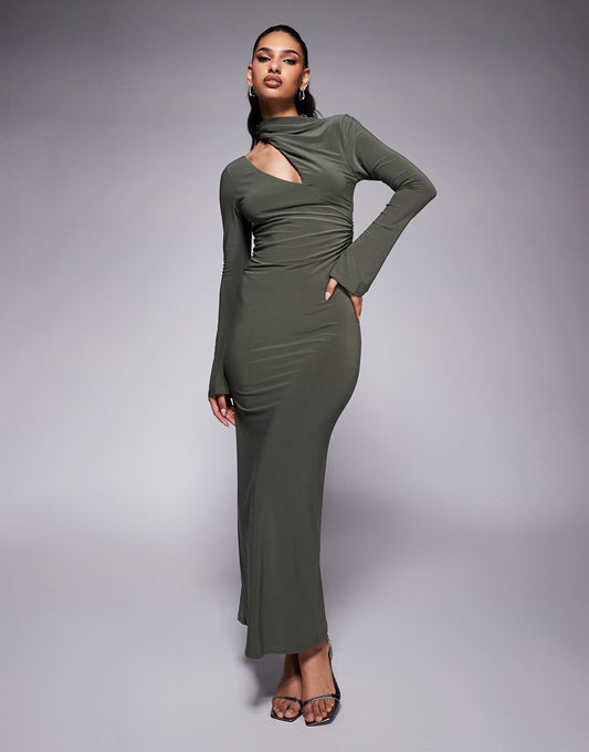 Long Sleeve Slash Shoulder Maxi Dress With Ruched Bodice Detail