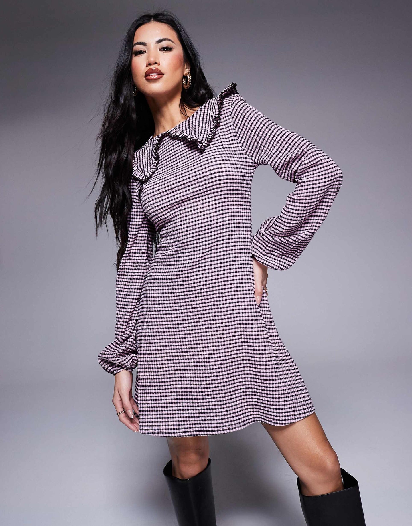 Long Sleeve Collared Frill Mini Dress