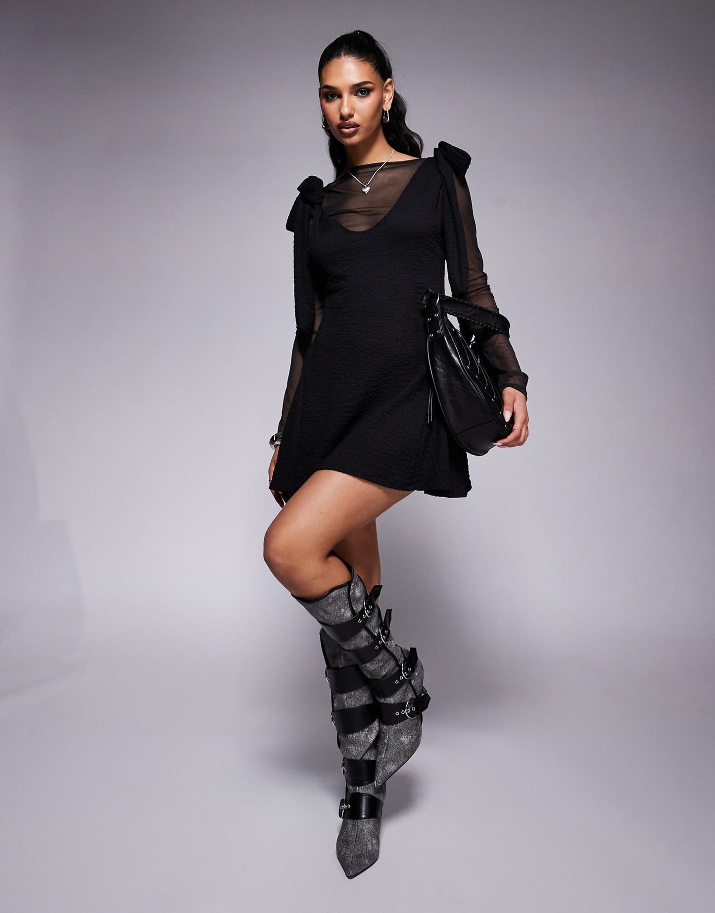 Mesh Insert Tie Shoulder Swing Mini Dress