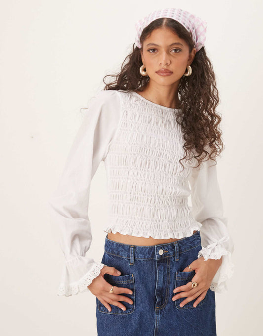 Shirred Lace Trim Blouse