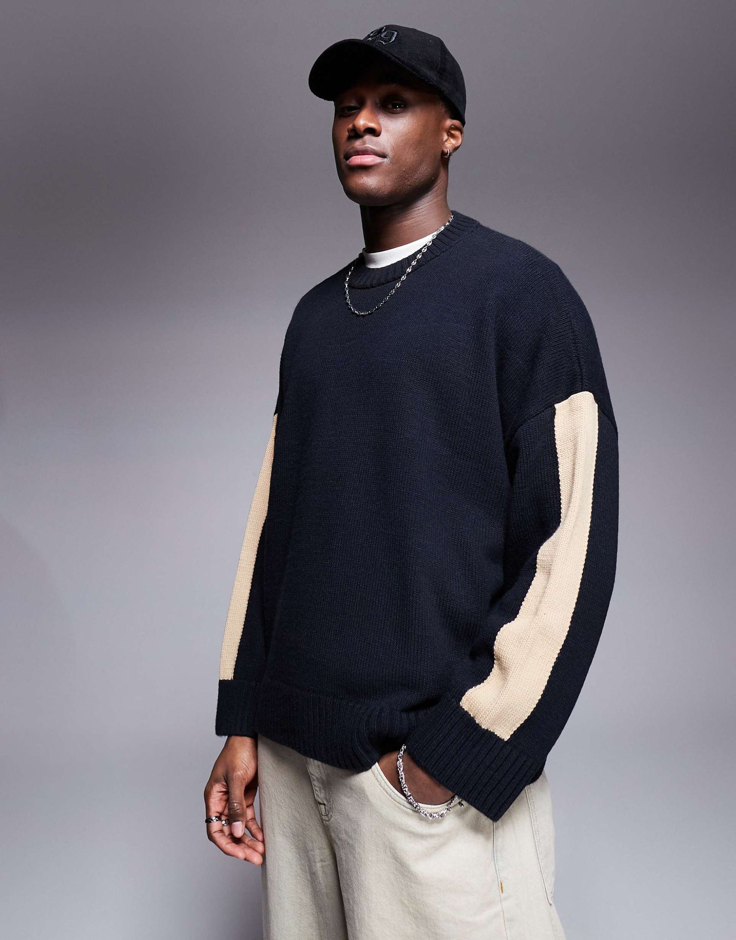 Super Oversized Crew Neck Jumper With Arm Stripe Detailing