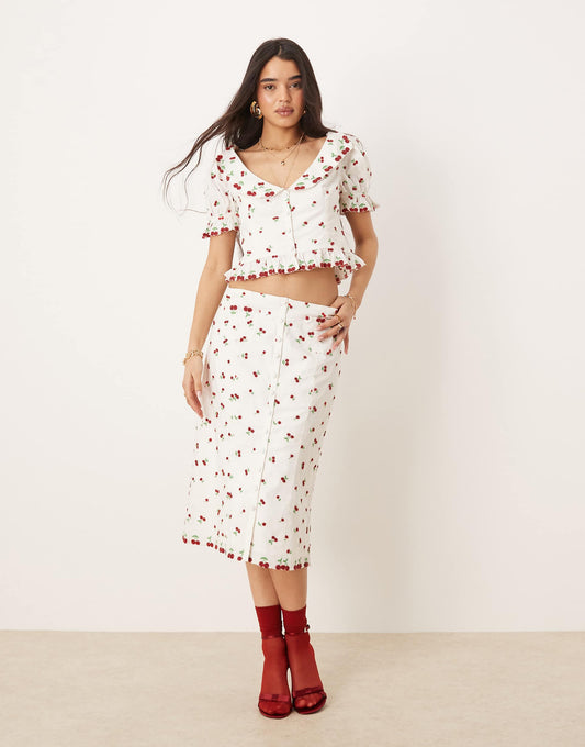 Beaded Cherries Midi Skirt