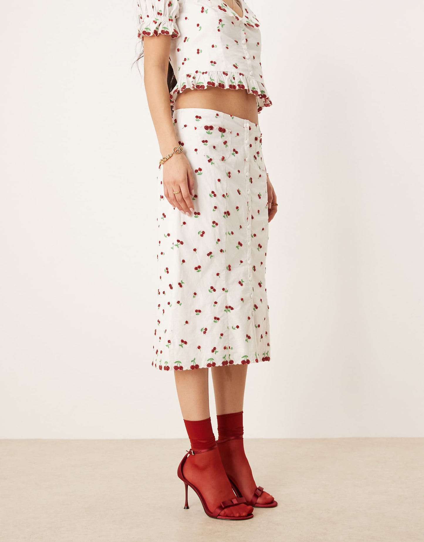 Beaded Cherries Midi Skirt