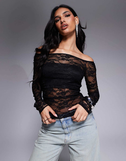 Gathered Off The Shoulder Mesh Top