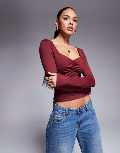 Slinky Long Sleeve Top With Ruched Bust