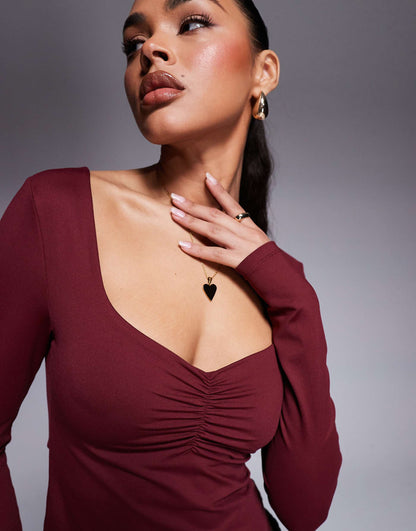 Slinky Long Sleeve Top With Ruched Bust