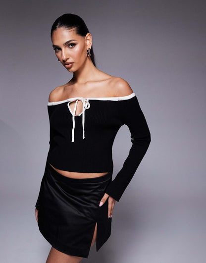 Knitted Off Shoulder Bardot Jumper With Contrast Trim